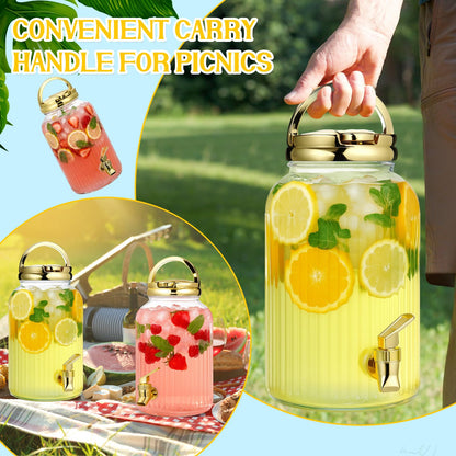 SiliFine 2 Pieces 1 Gallon Plastic Beverage Dispenser with Spigot Striped Clear Large Drink Beverage Dispenser Summer Fridge Water Container with Tap for Party Iced Tea, Sangria, Lemonade(Gold)