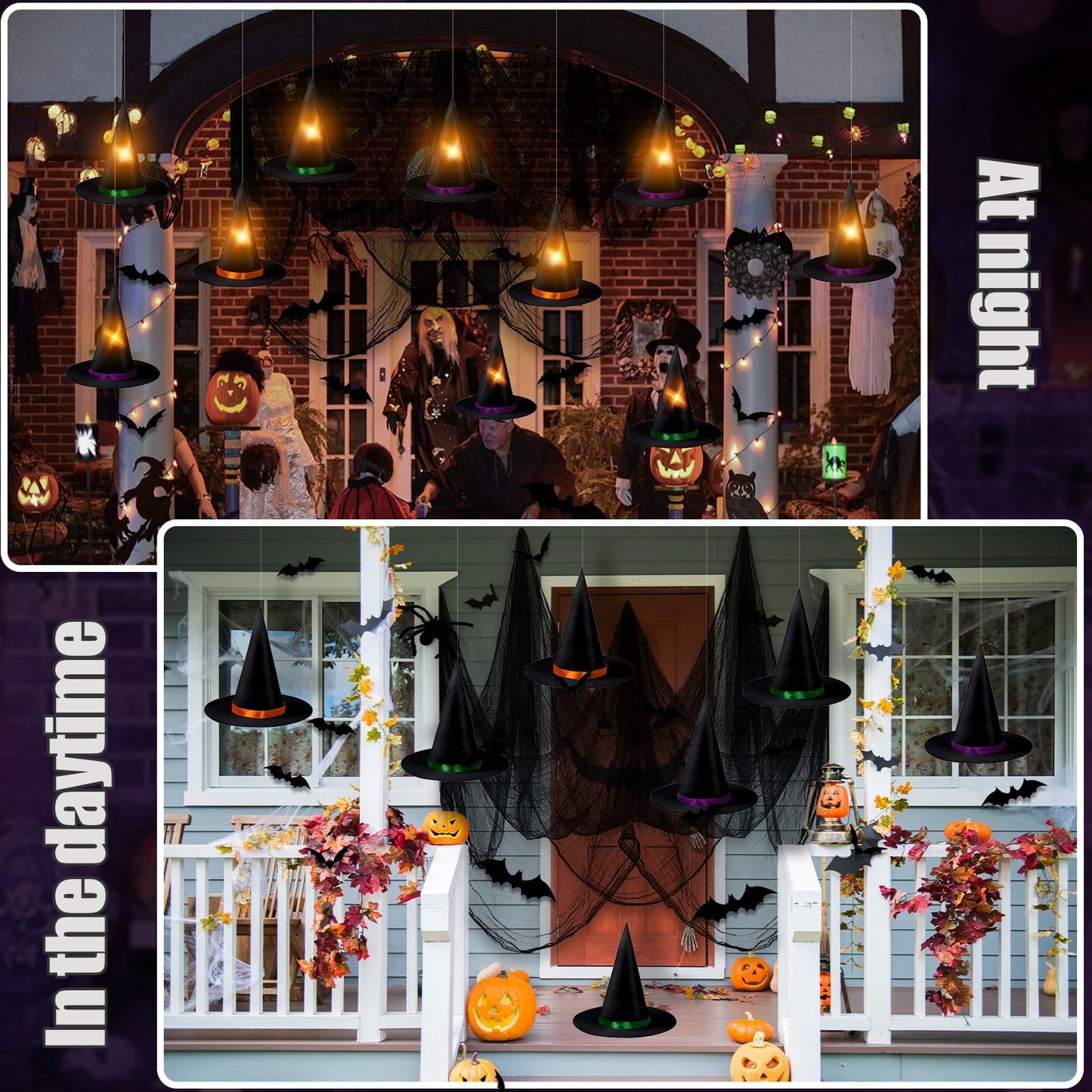 Halloween Hanging Witch Hats Decorations - 12PCS Black Witch Hats with Lights DIY Floating Witch Hats with 28PCS 3D Bats and Creepy Cloth for Halloween Porch Tree Party Decorations