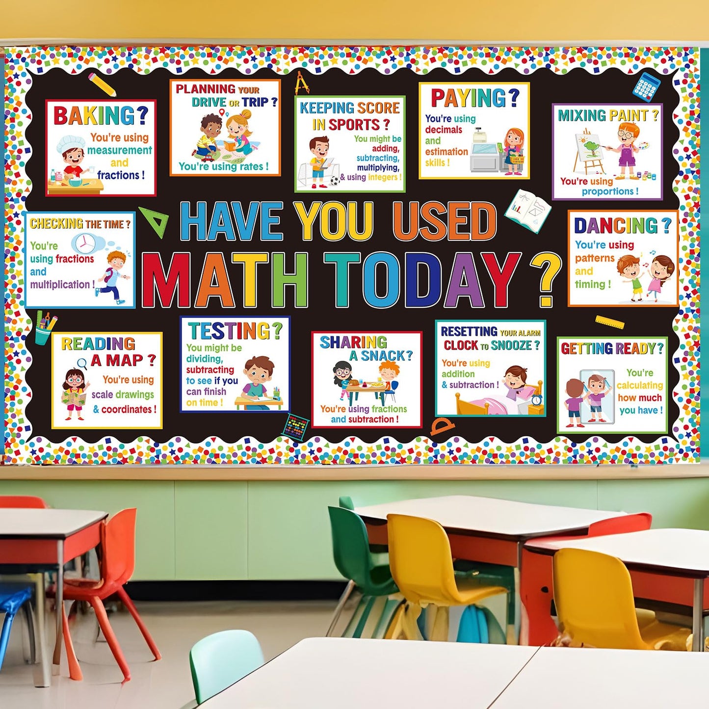 Pajean 74 Pcs Everyday Math Bulletin Board Decoration Mathematics in Daily Life Posters Have You Used Math Today Poster Mathematics Cutouts for Back to School Wall Hallway Teacher Supplies