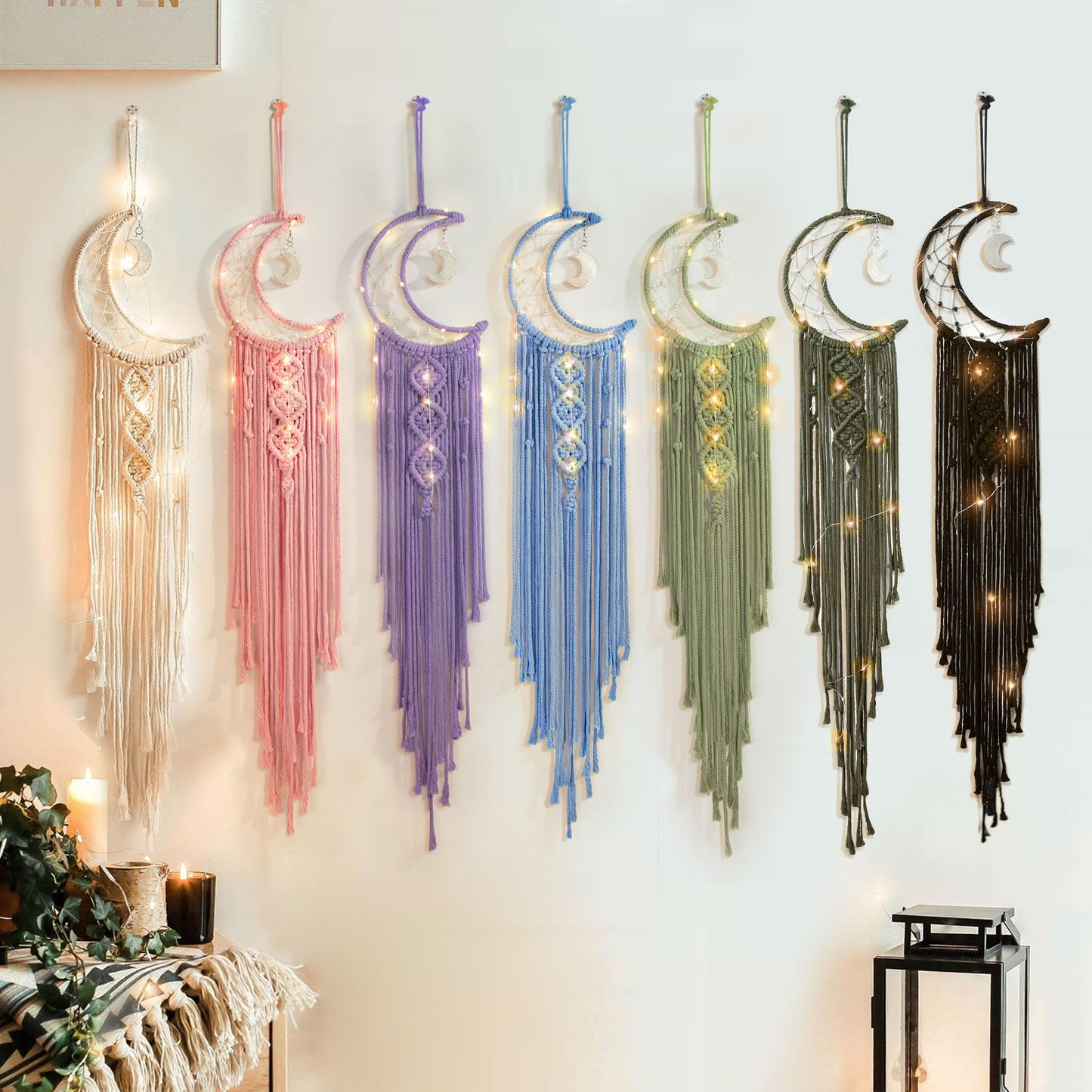 Black Macrame Moon Dream Catcher, Witchy Crescent Phase Woven Wall Hanging with Light, Handmade Gothic Bohemian Nursery Decor with Star Decoration for Home Bedroom, for Girl Kids