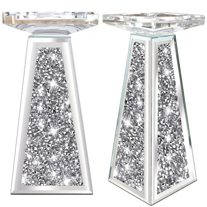 Wocred 2 Piece Candlestick Holders for Holding Pillar Candles, Crystal Crushed Diamond Candle Holders Set Decor for Dinning Room, Silver Glass Votive Candle Holders for Table Centerpiece(8”)