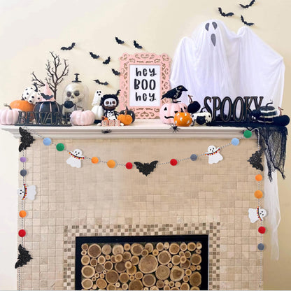 Felt Bat Ghost Garland - Spooky Halloween Party Decorations,Spooky Banner with Colorful Felt Balls,Halloween Wall Mantel Hanging Garland,Black Bat White Ghost Photo Backdrop