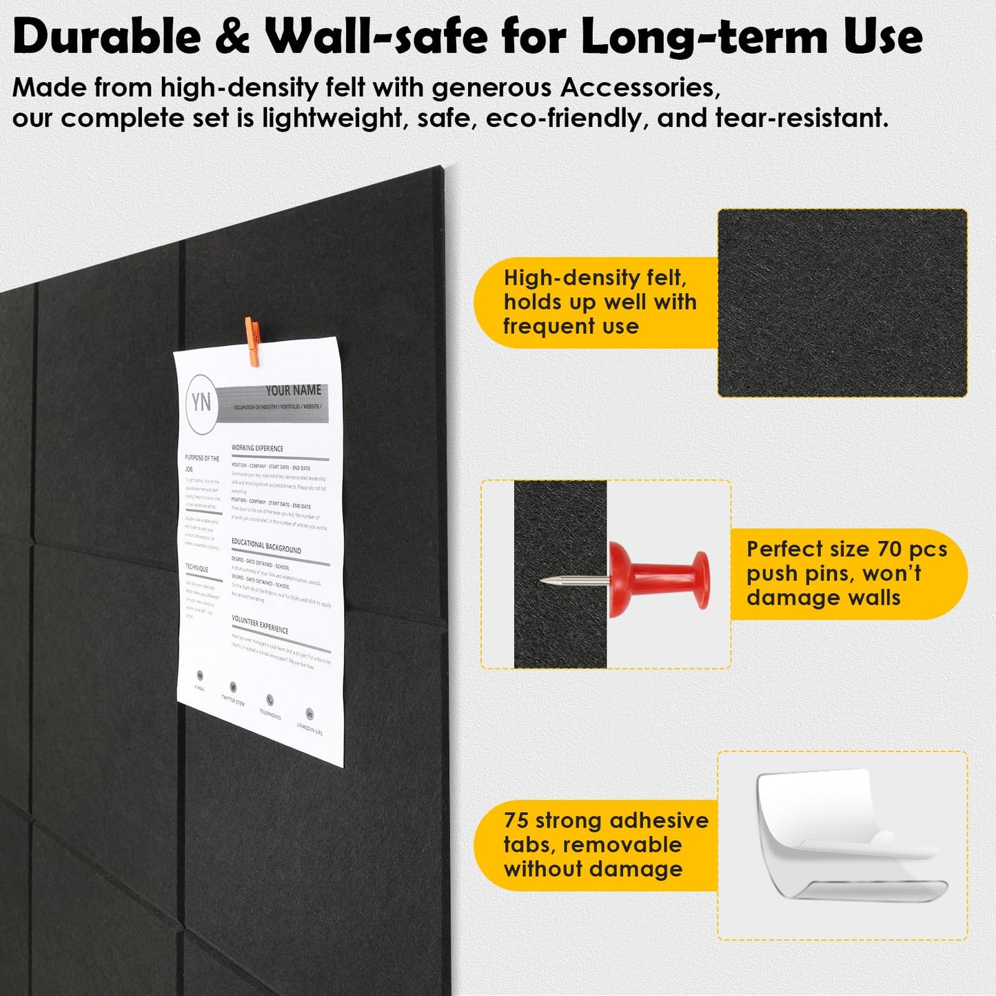 MAPVOLUT 2 Pcs Felt Boards - 24"x12" Reusable Cork Board Alternative for Wall with 30 Pins, 10 No-Trace Adhesive & Guide - Perfect for Office, Classroom, Home Decor, Bulletin Board, and Dartboard
