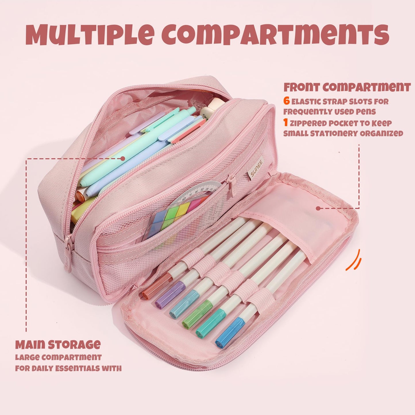 SUNEE Pencil Case, Large Capacity Pencil Pouch, Aesthetic Big Pen Bag 900D Oxford Pen Box for Office Stationery Organizer School Supplies Multifunctional for Teen Boys Girls Women Men, Pink