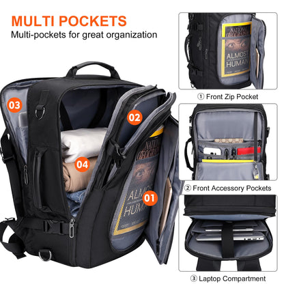 PIJUSHI Travel Backpack for Women Convertible Carry-On with Shoe Compartment Fits 16" Laptop TSA-Friendly for Work, Trips(PE038 Black)