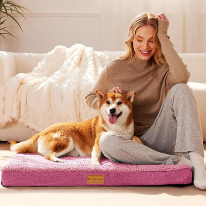 Patas Lague Orthopedic XL Dog Bed Large Sized Dog 42''X28'', Soft Waterproof Egg Crate Foam Large Pet Crate Beds Mat with Removable Washable Cover and Non-Slip Bottom, Pink