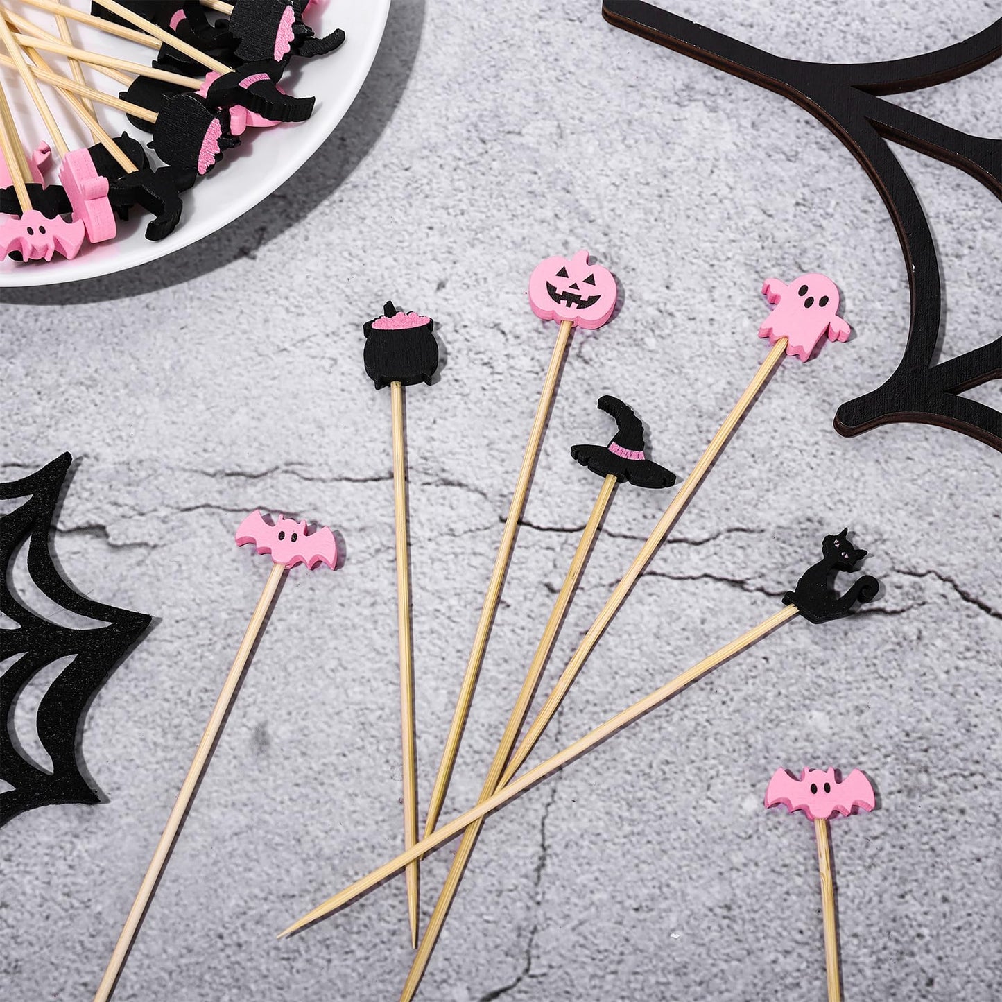 Whaline 120 Pcs Pink Black Halloween Cocktail Picks Cute Ghost Pumpkin Bamboo Toothpicks Garnish Sticks for Appetizers Fruit Sandwiches Drinks Skewers, 6 Designs