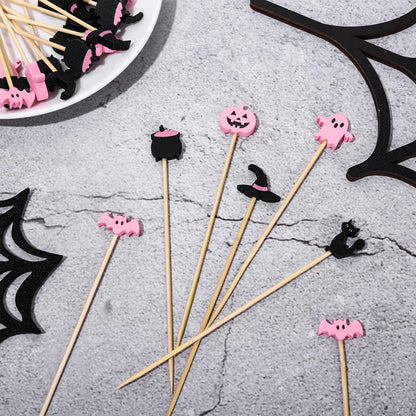 Whaline 120 Pcs Pink Black Halloween Cocktail Picks Cute Ghost Pumpkin Bamboo Toothpicks Garnish Sticks for Appetizers Fruit Sandwiches Drinks Skewers, 6 Designs