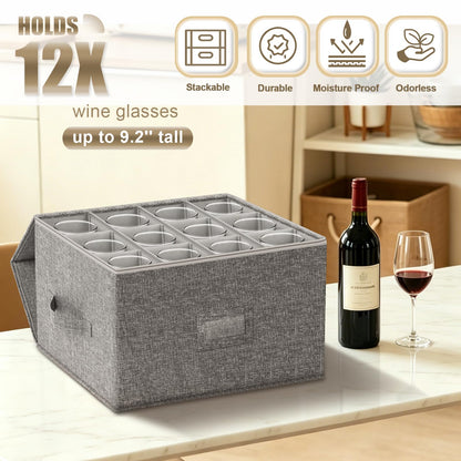 Wine Glass Storage Box with Dividers, 2-Pack Stemware Storage Containers w/Hard Shell Top Sides Bottom, Stackable Moving Boxes w/ Sturdy Handles for 24 Glassware Crystal Glasses Drinkware, 9.2'' Tall