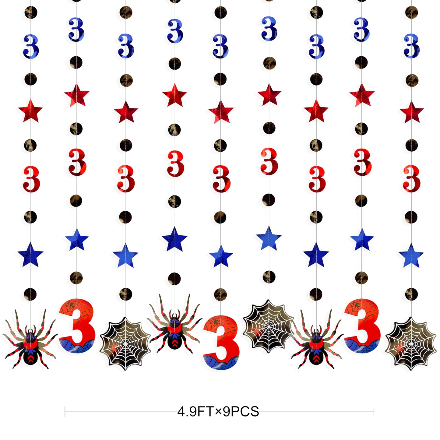 42Ft Spider 3rd Birthday Party Decorations Red Blue Stars and Black Spider Web Garland Streamer for Kids Boys 3rd Cartoon Spiders Birthday Super Heros Baby Shower Cartoon Bday Party Decor Supplies