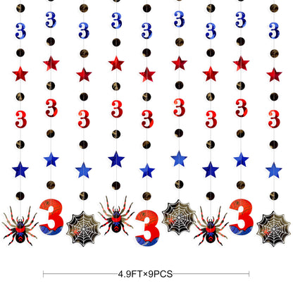 42Ft Spider 3rd Birthday Party Decorations Red Blue Stars and Black Spider Web Garland Streamer for Kids Boys 3rd Cartoon Spiders Birthday Super Heros Baby Shower Cartoon Bday Party Decor Supplies