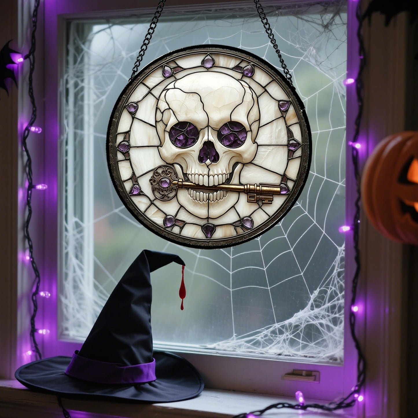 CRISGIF Stained Glass Window Hanging - Halloween Scary Skull Suncatcher for Doors Garden Home Spooky Purple Skeleton Key Sun Catchers Gothic Decor Horror Gifts for Women Men Friend Boy Girl 9.8 in