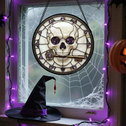 CRISGIF Stained Glass Window Hanging - Halloween Scary Skull Suncatcher for Doors Garden Home Spooky Purple Skeleton Key Sun Catchers Gothic Decor Horror Gifts for Women Men Friend Boy Girl 9.8 in
