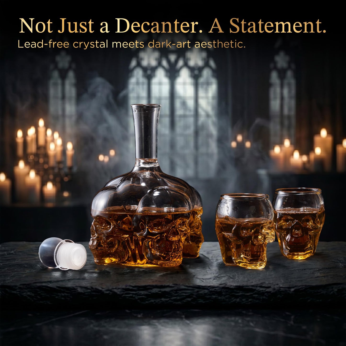 Gothic Skull Whiskey Decanter Set - 34 oz Spooky Skeleton Glass Decanter with 2 Rocks Glasses - Dark Academia Home Bar Decor & Man Cave - Cool Halloween Gifts for Men & Whisky Lovers