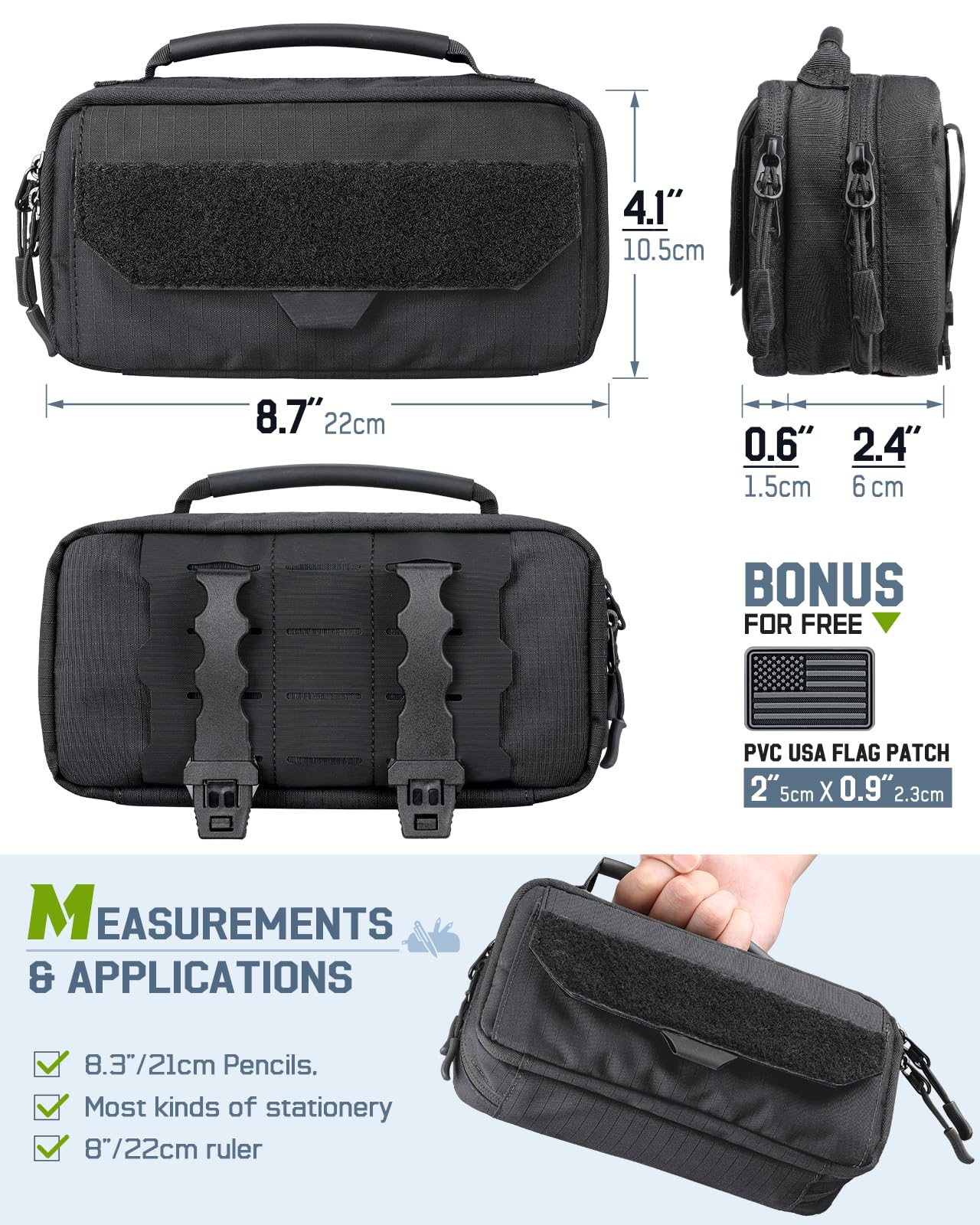 RXW Large Capacity Pencil Case Pouch for Boys, Zippered Tactical Pencil Bag Carry Handle, Small Tool Pouch for Adults (includes US Flag Patch + 2 MOLLE Straps)