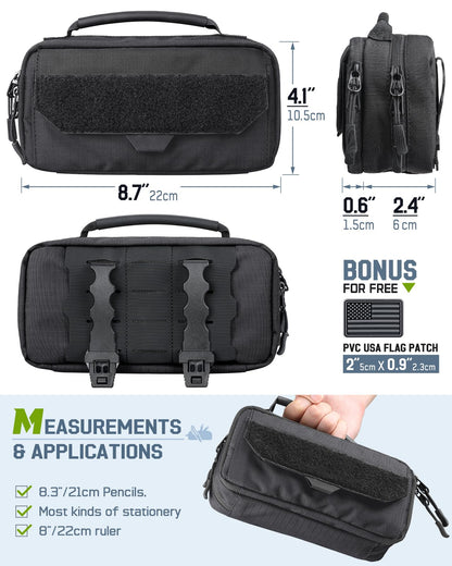 RXW Large Capacity Pencil Case Pouch for Boys, Zippered Tactical Pencil Bag Carry Handle, Small Tool Pouch for Adults (includes US Flag Patch + 2 MOLLE Straps)