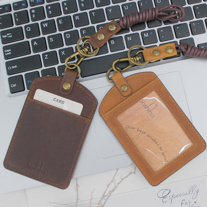 Badge Holder: Boshiho Cowhide Leather ID Badge Card Holder with 19" Neck Lanyard, Vertical Style (Dark Brown)