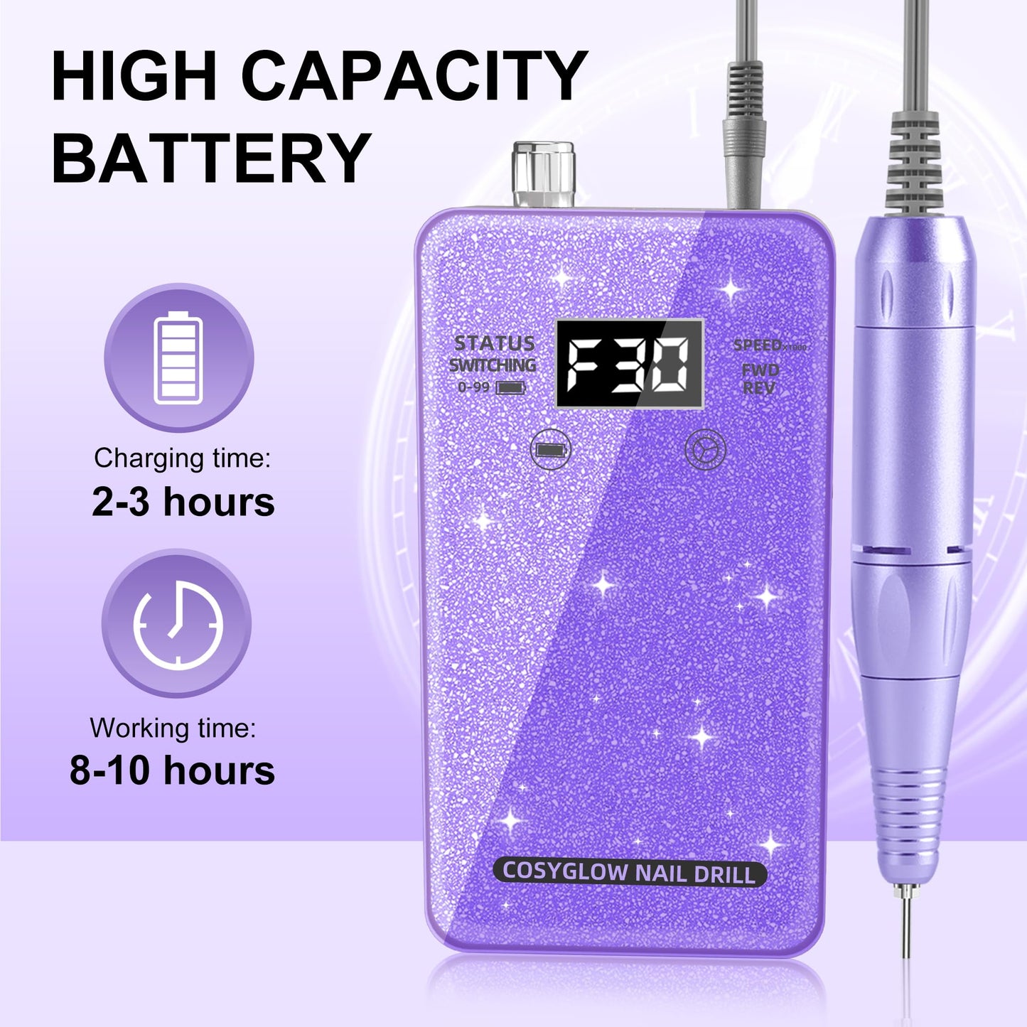 Professional Electric Nail Drill File:COSYGLOW Glitter Portable Cordless E-File Nail Drill Kit with 11 Drill Bits,30000 RPM Rechargeable Nail Drills Machine for Acrylic Nails Gel Polishing (Pink)