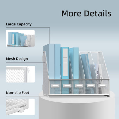 SUPEASY Desk Organizers Metal Desk Magazine File Holder with 5 Vertical Compartments Rack File Organizer for Office Desktop, Classroom, Home Workspace, White