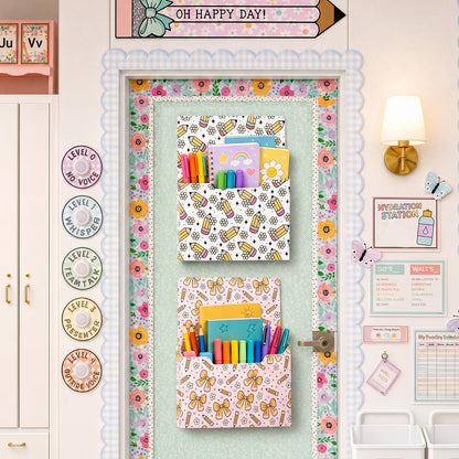 Gilprop 2 Pcs Pencil Flower Magnetic File Folder Holder Pocket File Organizer Classroom Decor Teacher Desk Accessories for Whiteboard Mail Paper Book No Drilling School Desk Door Classroom Essential