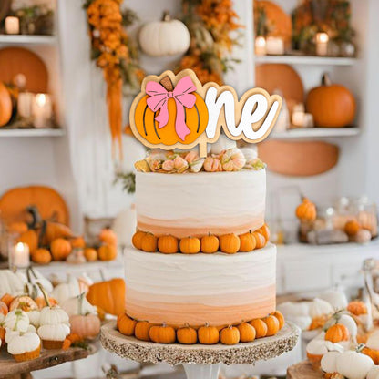 Upfirst Wooden Pumpkin One Cake Topper - Halloween Theme Party Decorations,Sweet Bow Pumpkin Sign First Birthday Cake Topper,Fall Harvest Thanksgiving Party Supplies (pumpkin topper)