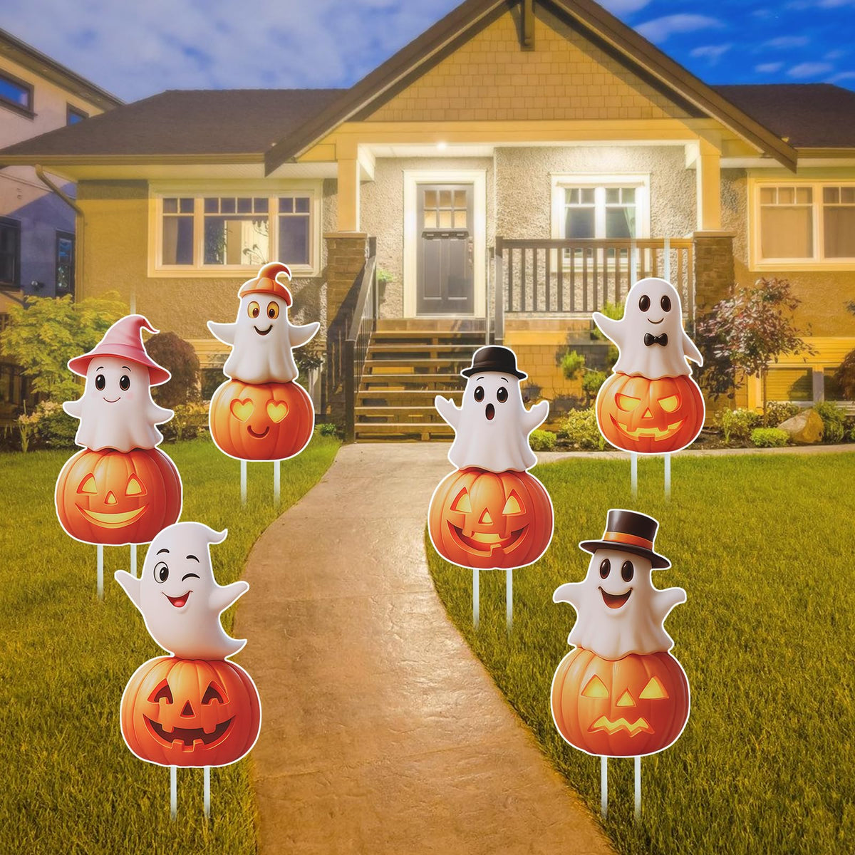Outdoor Halloween Yard Signs, 6 PCS Cute Pumpkin Ghost Halloween Yard Stakes Kids Friendly for Lawn Garden Outside Home Decor