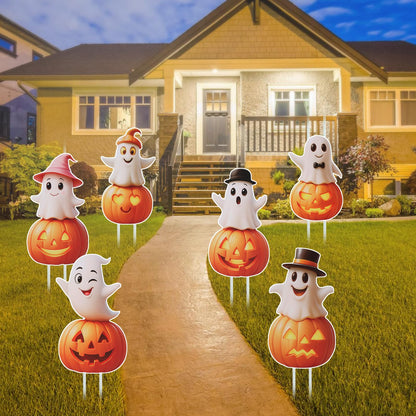 Outdoor Halloween Yard Signs, 6 PCS Cute Pumpkin Ghost Halloween Yard Stakes Kids Friendly for Lawn Garden Outside Home Decor