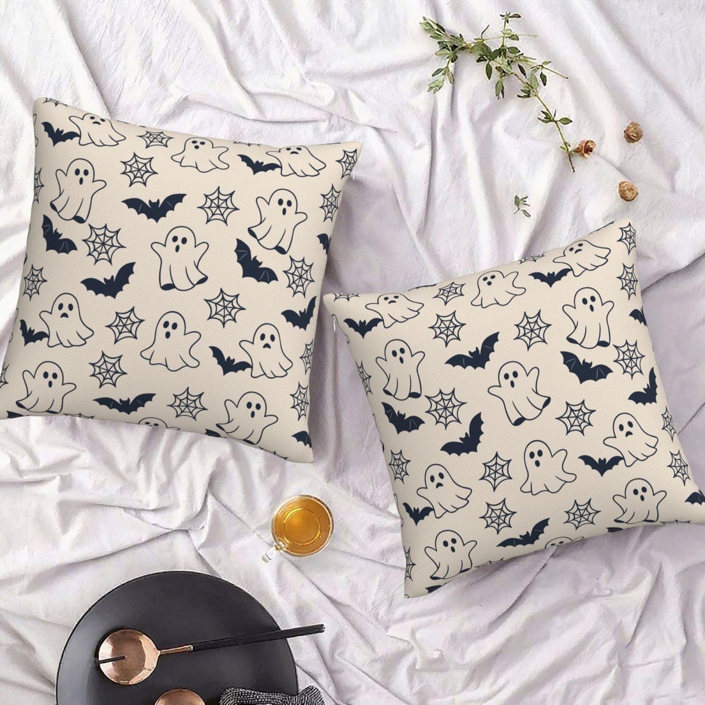 KiuLoam Cute Halloween Pillow Covers 18x18 Set of 2, Black Ghost Bats Spider Webs Print Decorative Throw Pillow Cases, Rustic Farmhouse Style Outdoor Cushion Covers for Sofa Couch Living Room Bed