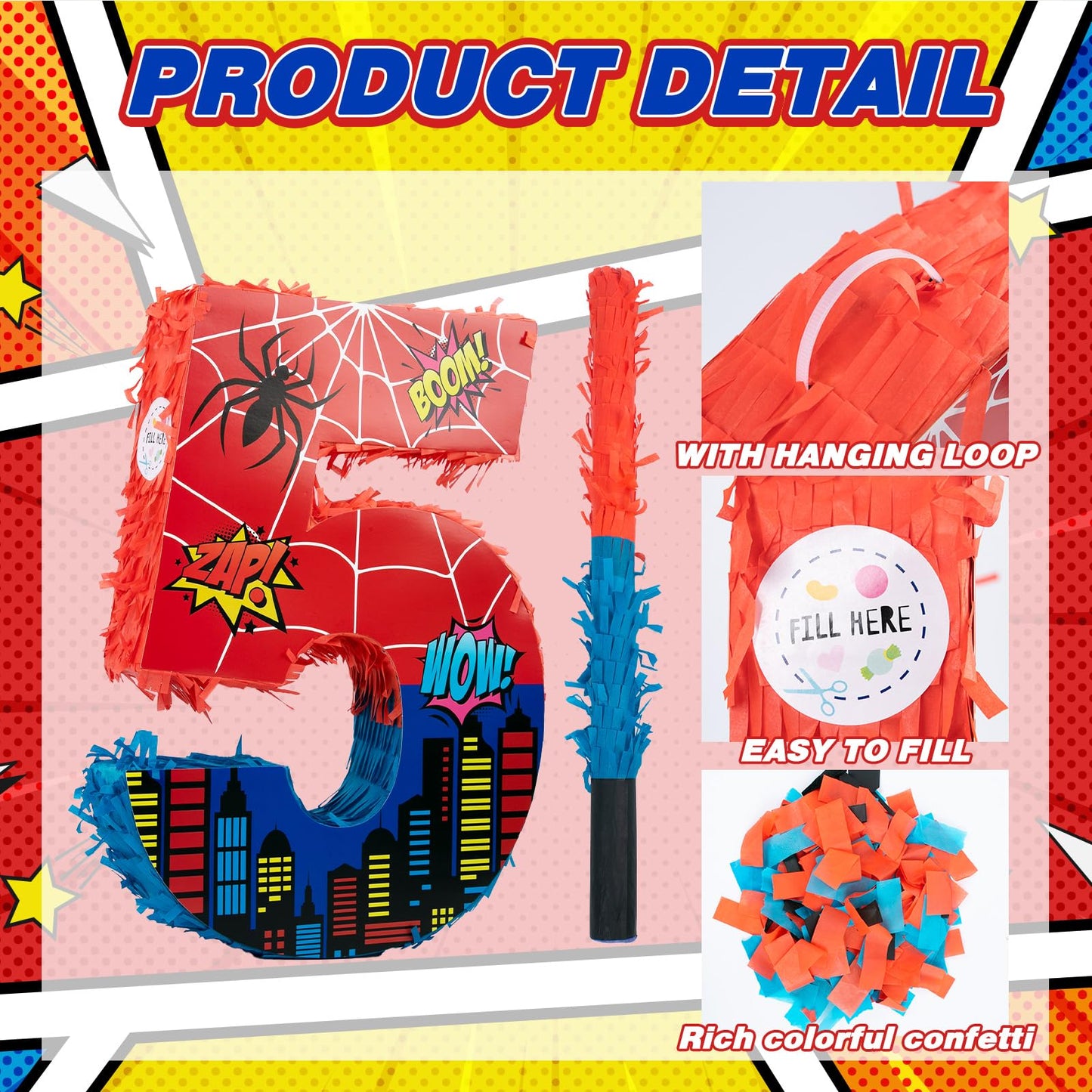 Number 5 Spider Pinata Bundle with 16 Inch Piñata Stick Blindfold Confetti for Hero Birthday Party Decoration Anniversary Celebration Gift Spider Party Favors for Kids, 16 x 11.6 x 2.4 Inch