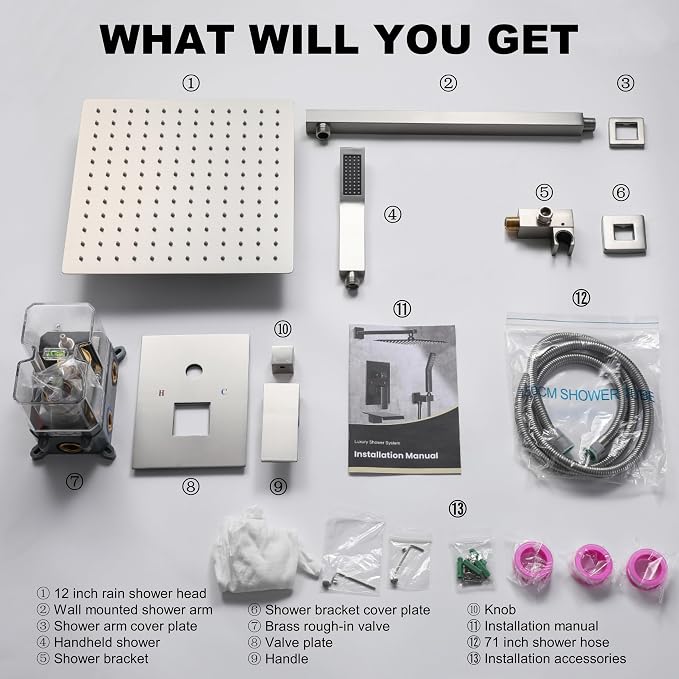 Brushed Nickel Shower System with 12-Inch Rain Showerhead and Handheld | Innovative air-injection technology for low pressure, high-flow rate up to 3.22 GPM ensuring powerful consistent stream