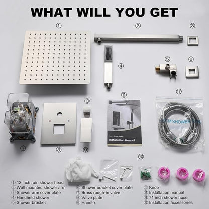 Brushed Nickel Shower System with 12-Inch Rain Showerhead and Handheld | Innovative air-injection technology for low pressure, high-flow rate up to 3.22 GPM ensuring powerful consistent stream