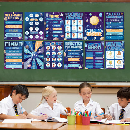 12Pcs Calming Corner Posters for Classroom Space Emotions Feeling Poster for Kids Inspirational Back to School Wall Decor Solar System Mental Health Posters for School Office Home Teacher Supplies