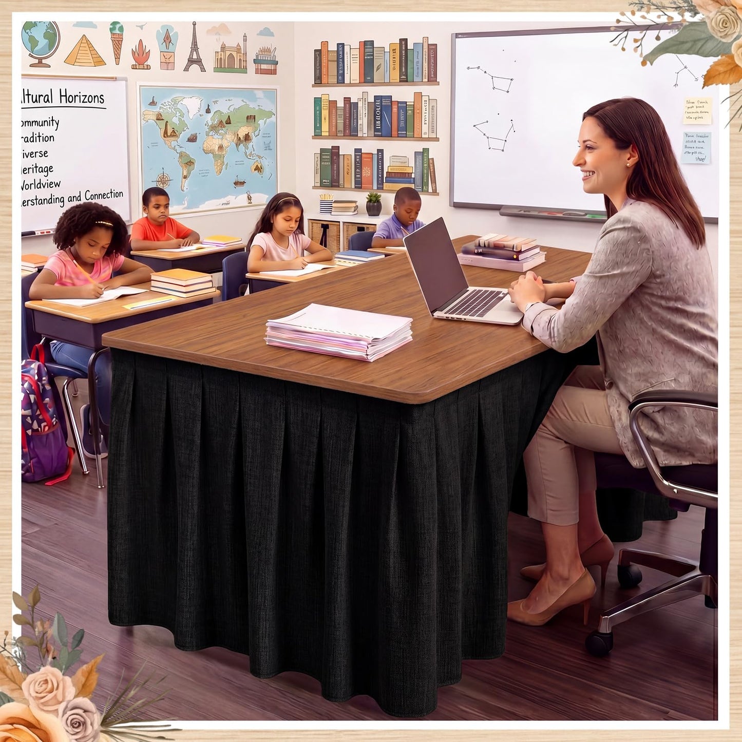 Tingjoo Black 9 ft X 30'' Teacher Desk Skirts Linen Textured Desk Tablecloth Skirts Pleated Office Decor Back to School Supplies for Classroom School Office Rectangular Round Table Cover