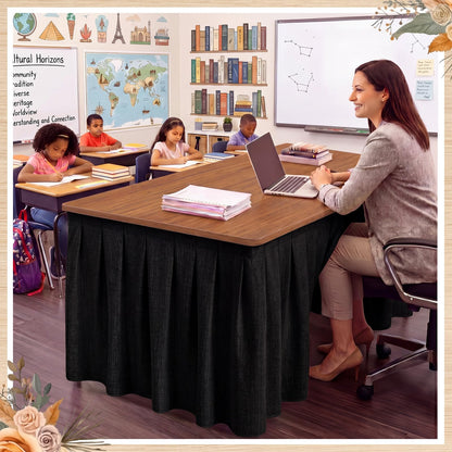 Tingjoo Black 9 ft X 30'' Teacher Desk Skirts Linen Textured Desk Tablecloth Skirts Pleated Office Decor Back to School Supplies for Classroom School Office Rectangular Round Table Cover