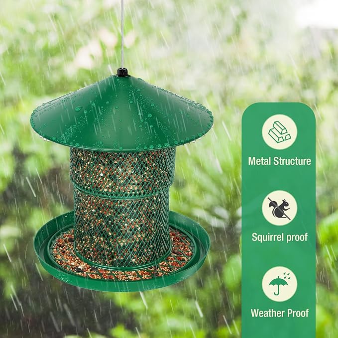 Bird Feeder for Outdoor Hanging, No Mess No Spill Birdfeeder for Outdoor, Squirrel Proof Bird Feeder w/Catch Tray - Large Capacity All-Metal for Outside Hanging to Attracting Birds, Green