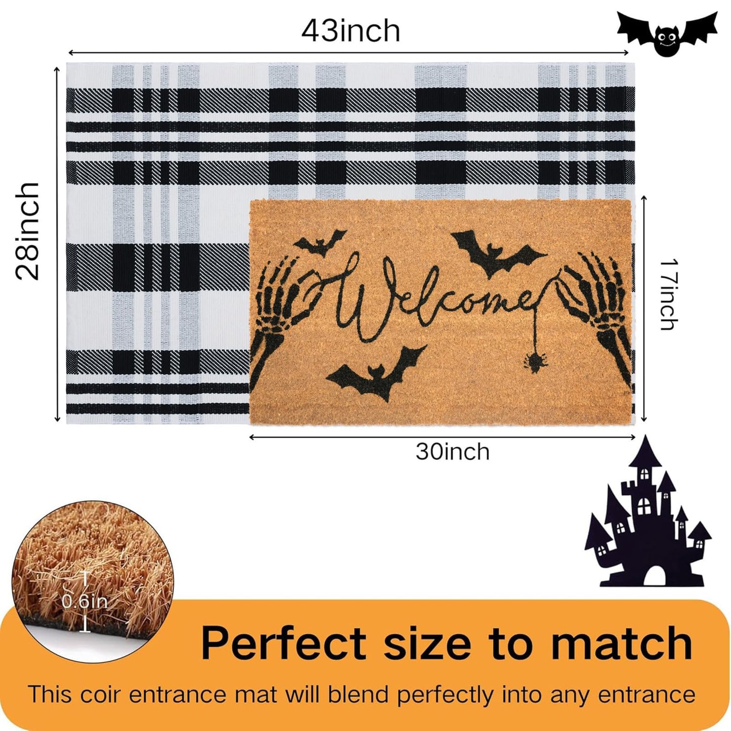 Fallovea Halloween Welcome Door Mat Combo Set, Skeletal Hand Coco Coir Doormat -28" x 43" Black and White Striped Rug, Autumn Front Porch Entryway Decor Floor Mat