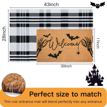 Fallovea Halloween Welcome Door Mat Combo Set, Skeletal Hand Coco Coir Doormat -28" x 43" Black and White Striped Rug, Autumn Front Porch Entryway Decor Floor Mat