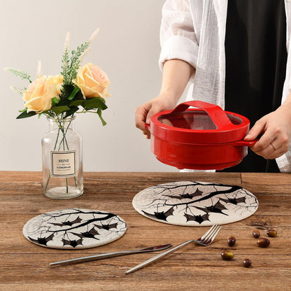 Peystean 2 Pcs Kitchen Decor Woven Potholders Trivets Set, Bats Hanging on Tree Branch Halloween Round Hot Mats Coasters Placemats,for Cooking Baking Hot Dish Pan Pot Bowl Teapot(7"&9")