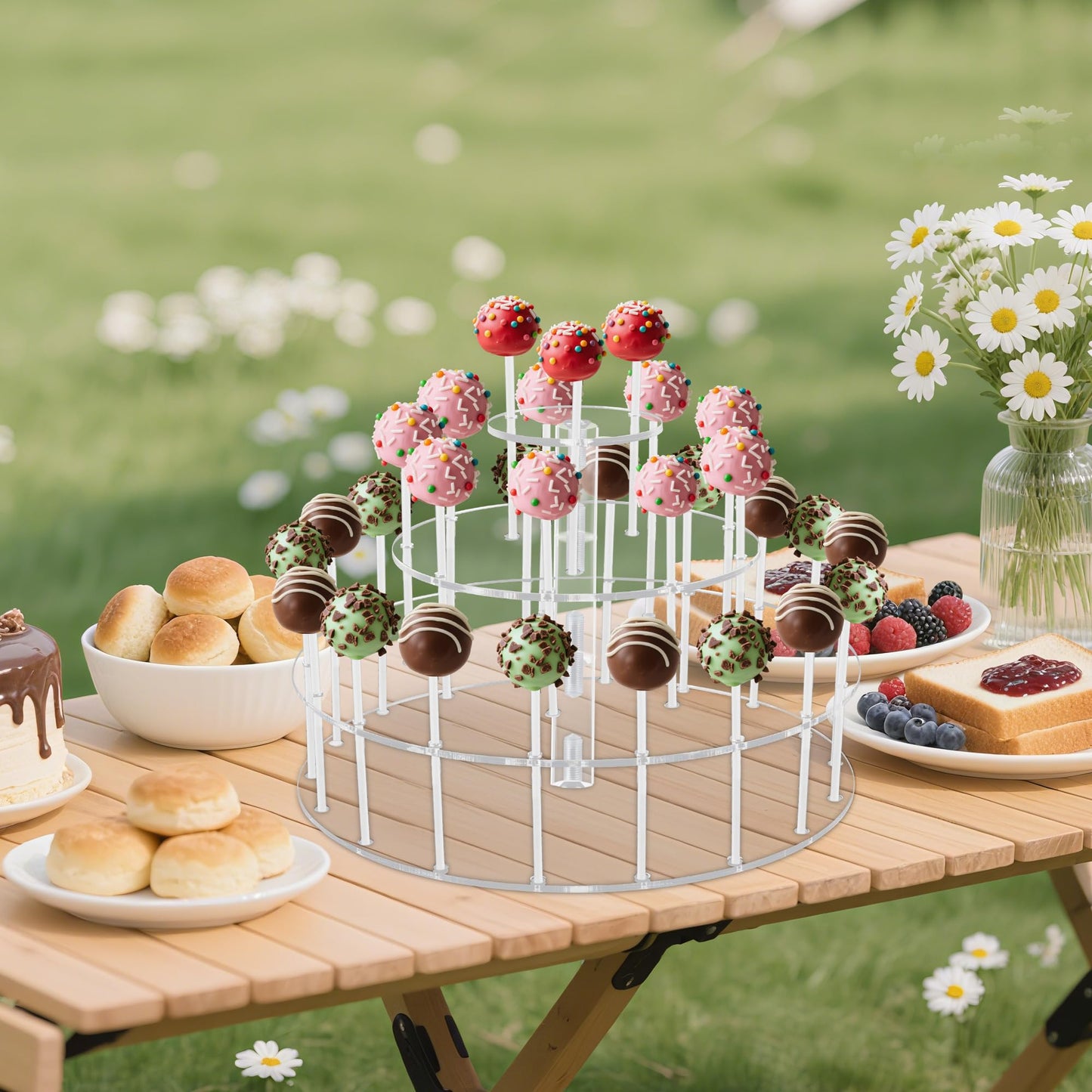YestBuy Acrylic Cake Pop Display Stand , 30 Hole Clear Acrylic Lollipop Holder, 3 Tiered Round Cake Pop Holder For Weddings, Birthday Parties, Anniversaries Gift, Halloween Candy Decorative (Clear)