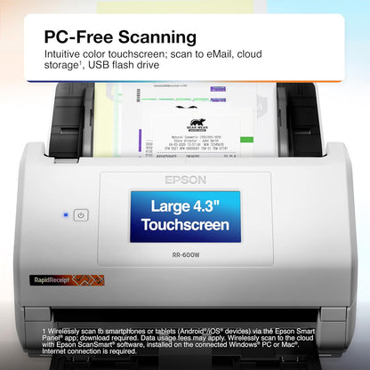 Epson RapidReceipt RR-600W Wireless Desktop Color 2-Sided Receipt & Document Scanner with ScanSmart AI PRO Receipt Management & PDF Software for PC & Mac, Touchscreen & 100-Page Auto Document Feeder