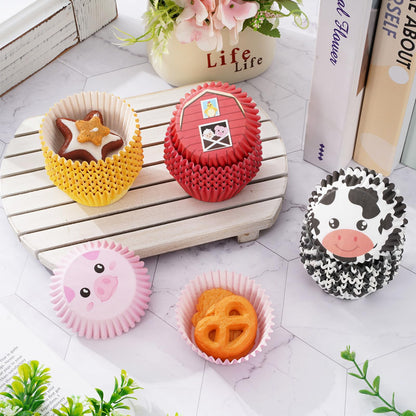 Whaline 600Pcs Farm Animals Cupcake Liners Farm Theme Cupcake Wrappers 4 Designs Paper Disposable Decorative Muffin Brownie Cups for Baking Birthday Baby Shower Party Supplies