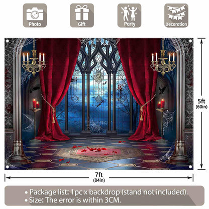 YCUCUEI 7x5ft Fabric Halloween Vampire Medieval Castle Backdrop Gothic Window Red Curtain Bats Photography Background Haunted House Party Decor Photo Props