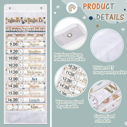 Sunnymove Daily Schedule Pocket Chart for Classroom Decor with 13+1 Pockets and 42 Designed Schedule Cards, Teacher Supplies for Preschool Classroom Home Office Back to School Decorations(Boho)