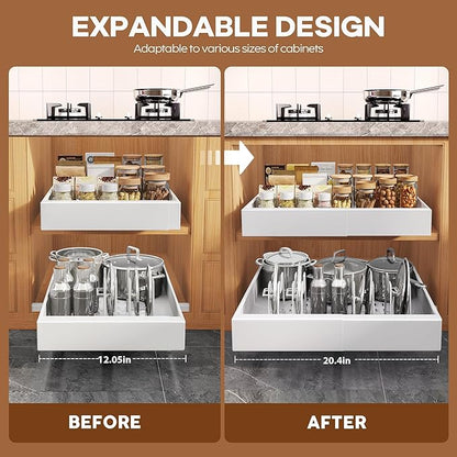 Seinloes 6Pack Expandable Pull Out Cabinet Organizer 21"Deep With Raising Pad for Framed Cabinets,Slide Out Drawers with 4pcs Divider Racks,Roll Out Shelves Adhesive,Adjustable Width 12.05"-20.4"White
