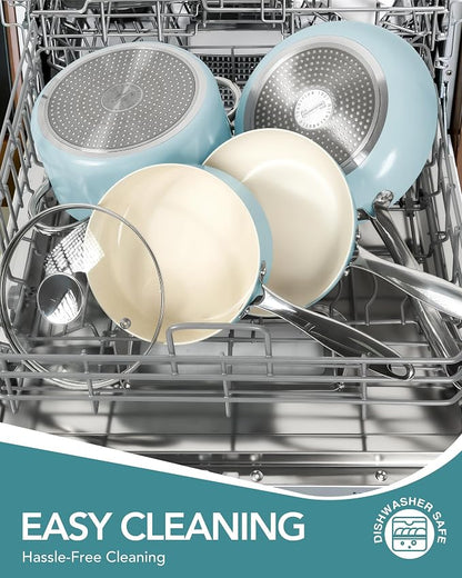 MICHELANGELO Pots and Pans Set Non Stick, 8-Piece Ti-infused Ceramic Cookware Set with Silicone Utensils - Induction Compatible, Oven Safe, PFOA-Free, Blue