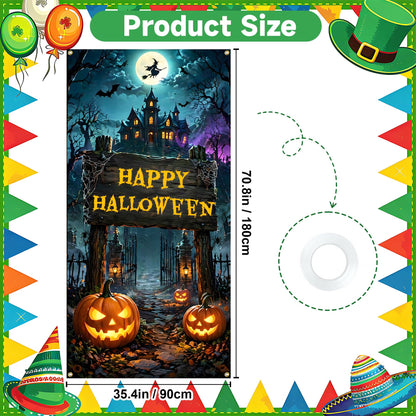 NYZE Happy Halloween Front Door Cover Banner, 35.4 x 70.8 Inch Pumpkin Vertical Hanging Door Backdrop, Indoor Outdoor Halloween Party Photography Decorations