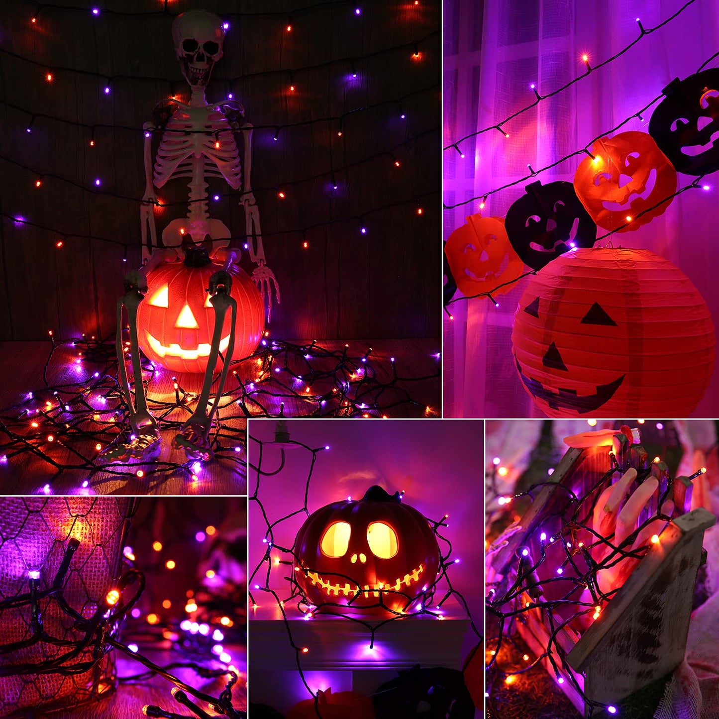 Joomer Orange Purple Halloween Lights, 66ft 200 LED Battery Operated String Lights Waterproof with 8 Modes & Timer Function for Halloween Outdoor Indoor Decorations