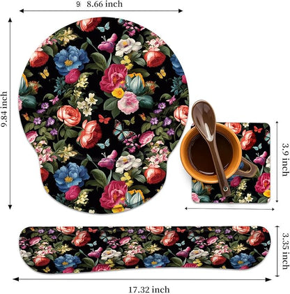 Keyboard Wrist Rest and Mouse Wrist Rest Pad with Cup Coaster,Made of Memory Foam,Ergonomic Support,Easy-Typing and Pain Relief,for Gaming Office Home Computer,Butterfly Flower