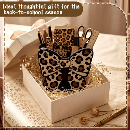 Tenceur Leopard Print Bow Holder for Desk Large Capacity Bow Wooden Pencil Holder Coquette Supplies Desk Organizer Cute Teacher Office Decor Makeup Brush Holders Back to School Gift for Girls Women