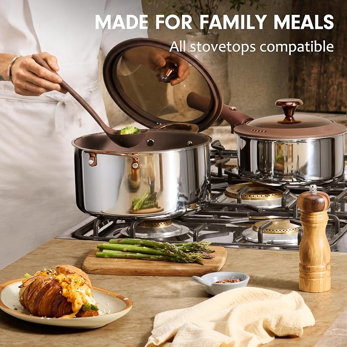 CAROTE 22pcs Hybrid Nonstick Pots and Pans Set, Stainless Steel Cookware Set with Honeycomb Titanium Interior, Induction Safe, Oven Safe, Brown (PFOS, PFOA Free)